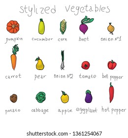 Stylized vegetables and frutis on white background 