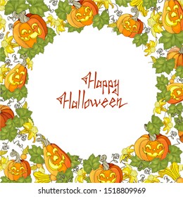 Stylized vegetables pumpkins - frame with yellow flowers, green leaves and orange pumpkins on white background for Halloween.