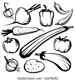 Stylized vegetables set silhouettes isolated on a white background.