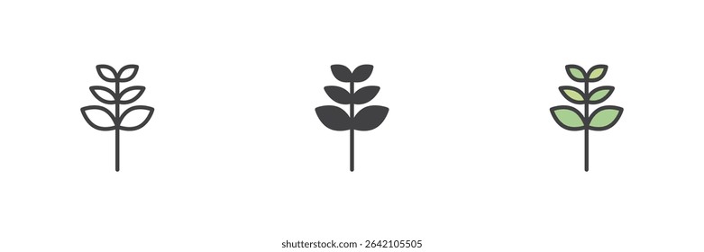 Stylized vertical plant stem with leaves in line, solid and filled outline icon style. Vector plant icon set with minimal leaf branches. Nature symbol in three designs.