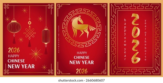 Cartazes verticais estilizados ou cartões de felicitações com cavalo e lanternas. Símbolo minimalista da celebração do Ano Novo Chinês de 2026. Ano do cavalo. Ilustração vetorial