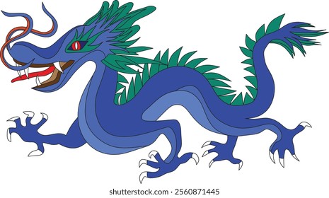 A stylized, vibrant blue dragon, with detailed scales and spiky fins, is depicted against a plain white background