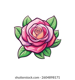A stylized, vibrant illustration of a pink rose with detailed petals and leaves.