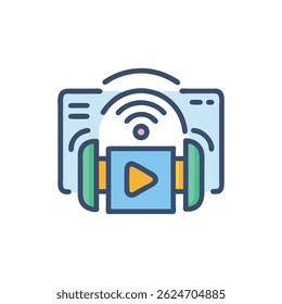 Stylized video player icon with a wireless connection, in a cartoon style. Flat design using vibrant colors.