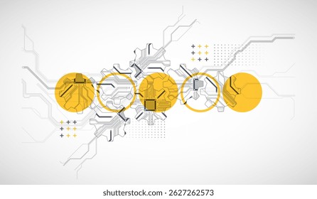 Stylized view of gears integrated with microcircuits. Concept of combining mechanics and electronics. Vector