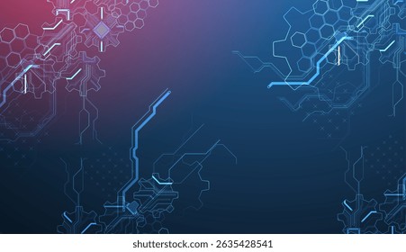 Vista estilizada de engranajes integrados con microcircuitos. Concepto de combinación de mecánica y electrónica. Vector