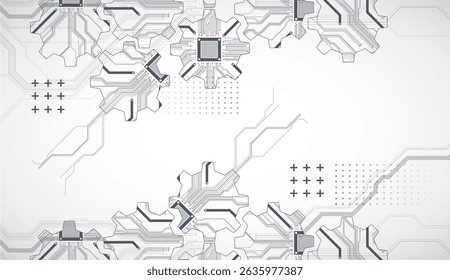 Stylized view of gears integrated with microcircuits. Concept of combining mechanics and electronics. Vector