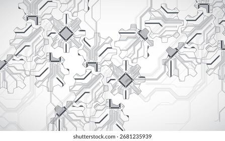 Vista estilizada de engranajes integrados con microcircuitos. Concepto de combinación de mecánica y electrónica. Vector