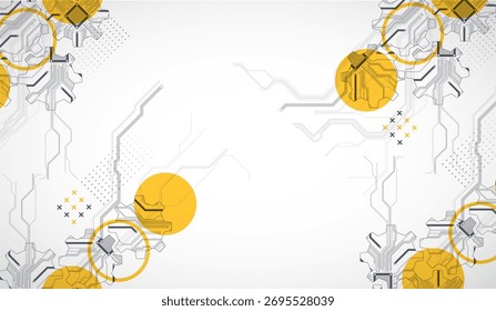 Vista estilizada de engranajes integrados con microcircuitos. Concepto de combinación de mecánica y electrónica. Vector