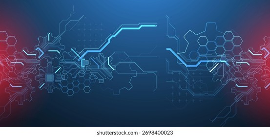 Vista estilizada de engranajes integrados con microcircuitos. Concepto de combinación de mecánica y electrónica. Vector