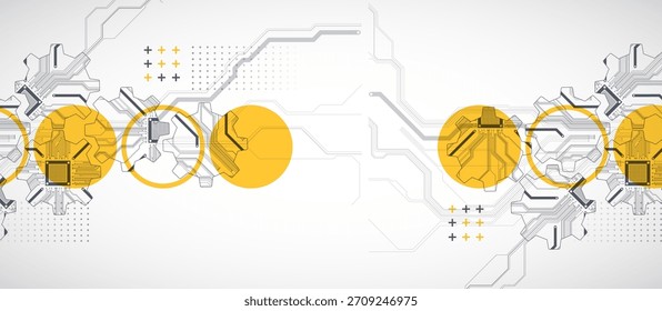 Visão estilizada de engrenagens integradas com microcircuitos. Conceito de combinação de mecânica e eletrônica. Vetor