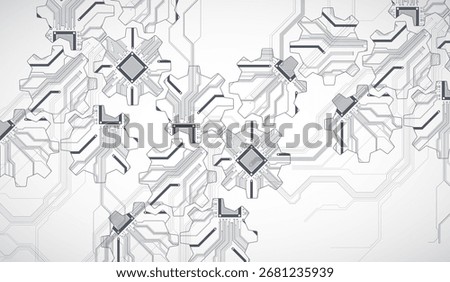 Stylized view of gears integrated with microcircuits. Concept of combining mechanics and electronics. Vector