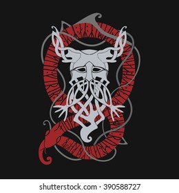 Stylized viking head against the backdrop of runic inscriptions.Scandinavian platting ornament. Helmet with horns.  Vector illustration, tattoo art