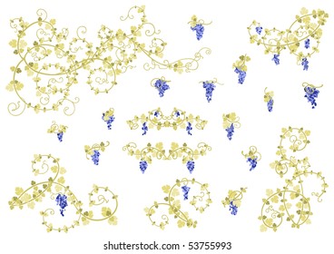 Stylized vine and clusters of grapes in gold and blue colors. Collection of elements for your design.