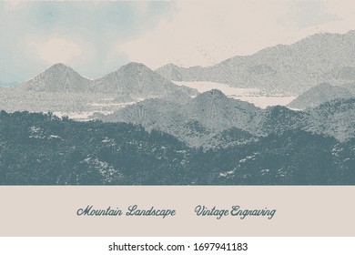 stylized vintage engraving illustration of a mountain landscape, high detailed screen texture that can be used in any colors, ground and sky are separate objects