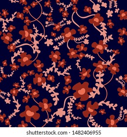 Stylized vintage floral pattern with small wildflowers. Seamless vector print with colorful botanical elements. Simple design for dresses, scarfs, cards and other decorations. Red on black background.