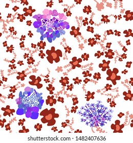 Stylized vintage floral pattern with small wildflowers. Seamless vector print with colorful botanical elements. Simple design for dresses, scarfs, cards and other decorations. Red on white.