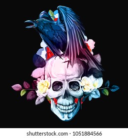 Stylized vintage illustration of raven on skull with flowers roses background on black. Hand drawn, vector - stock.