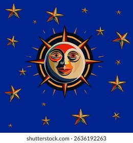 A stylized vintage illustration of the sun and moon combined in a celestial compass design, surrounded by glowing stars on a deep blue background
