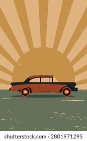 A stylized vintage two tone car is shown on a flat ground. Behind the car, a bold sunburst design fills the upper half of the frame, evoking a retro travel poster from a bygone era.