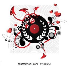 Stylized vinyl LP record, the edge styled gear.  Around the curls, the heart, and devil tails