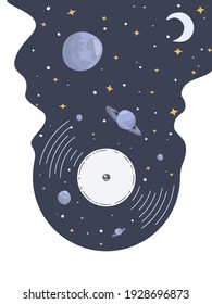 Stylized vinyl record with starry sky, moon and planets. Symbol music is whole universe. Vector illustration.