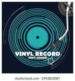 Stylized vinyl record with tonearm and inscription - Vinyl record, soft sound. Dark blue background. Vector illustration