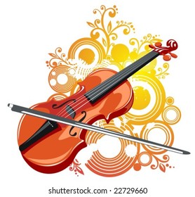 Stylized violin and abstract grunge pattern on a white background.