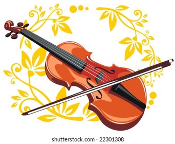 Stylized violin and bow with floral pattern on a white background.