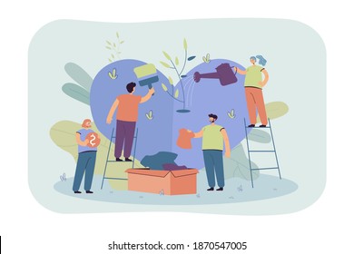 Stylized volunteer team giving care and sharing hope isolated flat vector illustration. Cartoon group of characters helping poor people with social support and money. Charity and donation concept