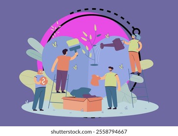 Stylized volunteer team giving care and sharing hope isolated flat vector illustration. Cartoon group of characters helping poor people with social support and money. Charity and donation concept