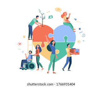 Stylized volunteers help charity and sharing hope isolated flat vector illustration. Cartoon abstract social team or group with humanitarian support. Donation and aid community concept