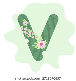 Uma fonte de cactos em forma de V estilizada adornada com decorações florais cor-de-rosa e verde colocada contra um fundo verde-claro.