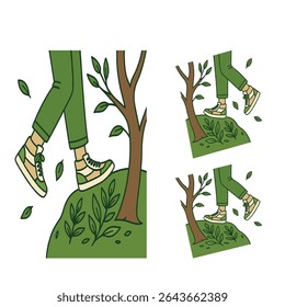 Stylized walking figure in nature with foliage and tree—perfect for wellness, outdoor exploration, or eco-tourism visuals.