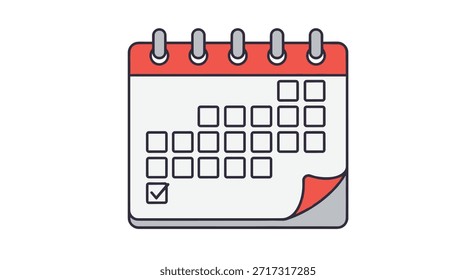 Icono estilizado de calendario de pared con un encabezado rojo y una marca de verificación en una fecha específica que simboliza la planificación efectiva y la finalización del evento.