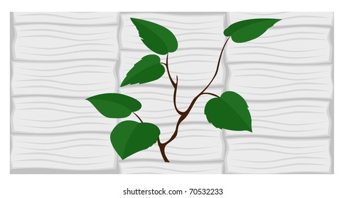 The stylized wall with young runaway growing from it with green foliage
