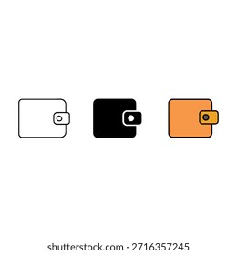 Ilustrações de carteira estilizadas em três cores
Três ícones de carteira organizados lado a lado em preto, branco e laranja. Cada um apresenta um flape e botão circular.