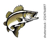 A stylized walleye illustration leaps out of the water with its mouth open wide, showcasing its distinctive dorsal fin and golden-brown coloration against a white background