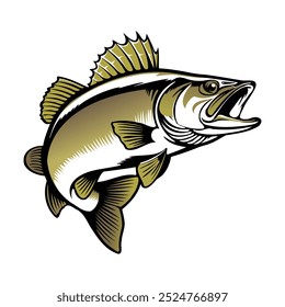 A stylized walleye illustration leaps out of the water with its mouth open wide, showcasing its distinctive dorsal fin and golden-brown coloration against a white background