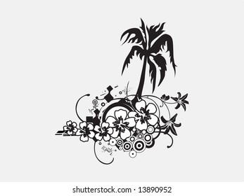 papel pintado estilizado, palmera y flor de hibisco