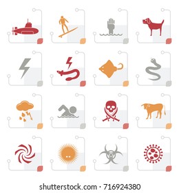 Stylized Warning Signs for dangers in sea, ocean, beach and rivers - vector icon set 2