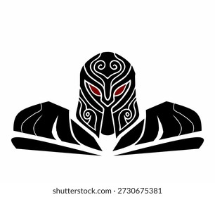 Stylized warrior helmet logo with sharp eyes in black and white, powerful vector emblem for gaming, esport teams, clans, tattoos, and strong brand identity.