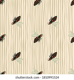Stylized wasp silhouettes seamless pattern. Doodle animal shapes in maroon and black colors on pastel stripped background. Perfect for wallpaper, textile, wrapping, fabric print. Vector illustration.