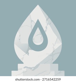 Um ícone de gota de água estilizado sobreposto a uma textura de mármore, apresentado em um pedestal minimalista contra um fundo silenciado.