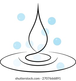 Gota de agua estilizada y ondas con fondo de burbujas azul claro