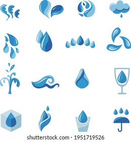 Agua estilizada y salpicaduras. Fijado con diferentes emblemas azules abstractos. Lotipos y símbolos modernos para sus proyectos de diseño. Estilo plano.
