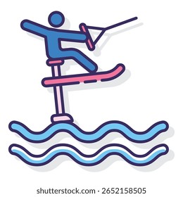 Ícone estilizado de esportes aquáticos: figura azul em hidrofoil acima das ondas