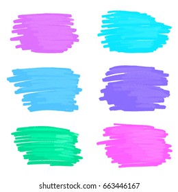 Stylized watercolor brush paint paper texture colored splash element for label, stencil. Abstract hand drawn colorful vector set marker scribble stains on white background for text design, banner, tag