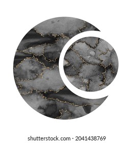 Stylized watercolor monochrome isolated Full Moon and Crescent with gold