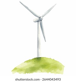 Une peinture à l'aquarelle stylisée représente une seule éolienne au sommet d'une petite colline herbeuse. La turbine est blanche avec trois pales.
